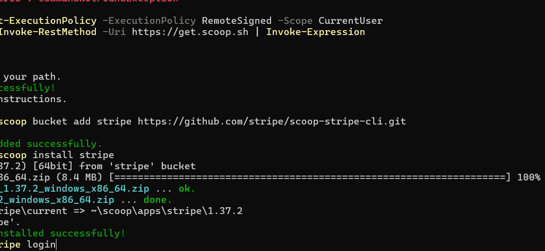 Windows PowerShell 安装 Stripe CLI 的真实记录，已遮盖本机用户名