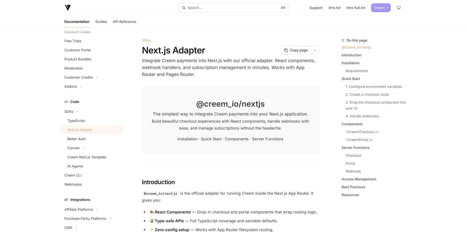 Creem 当前官方 Next.js Adapter 页面,配图不是作者实操结果