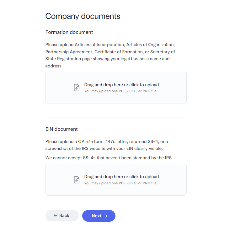 Mercury 页面要求上传成立文件和 IRS 出具的 EIN 文件